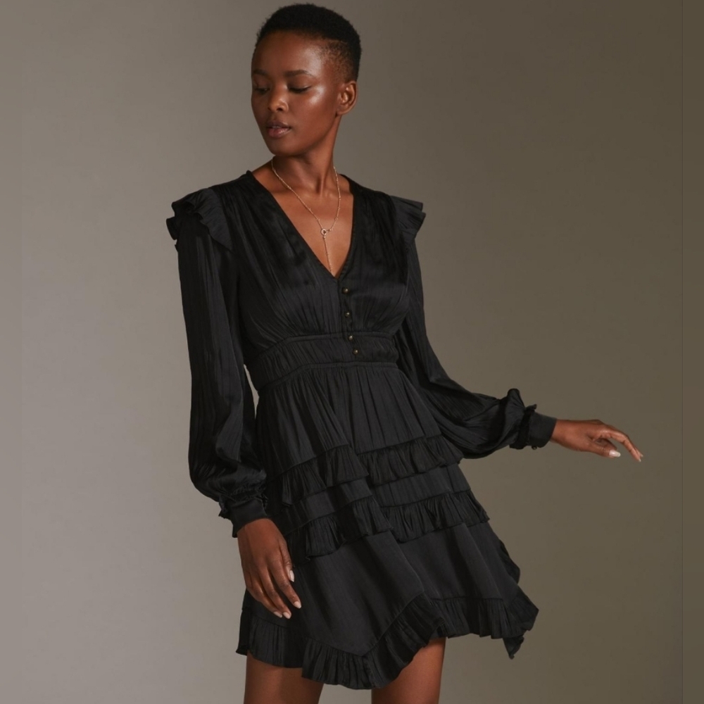 Anthropologie Tiered Ruffled Mini Black Dress - NWT